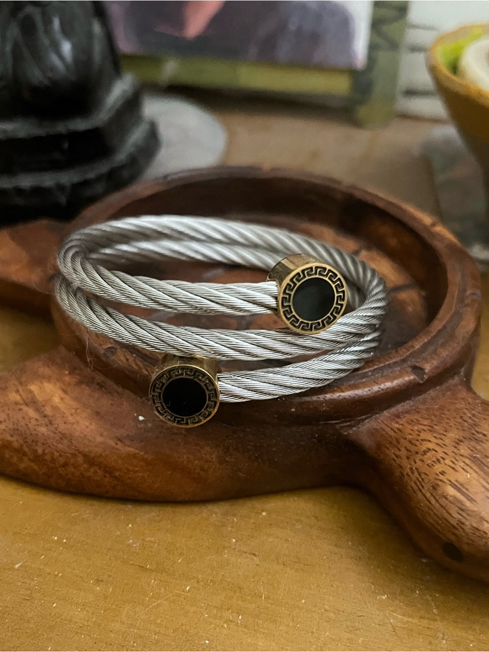Stainless steel Cable Bracelet/ w gold and black ends